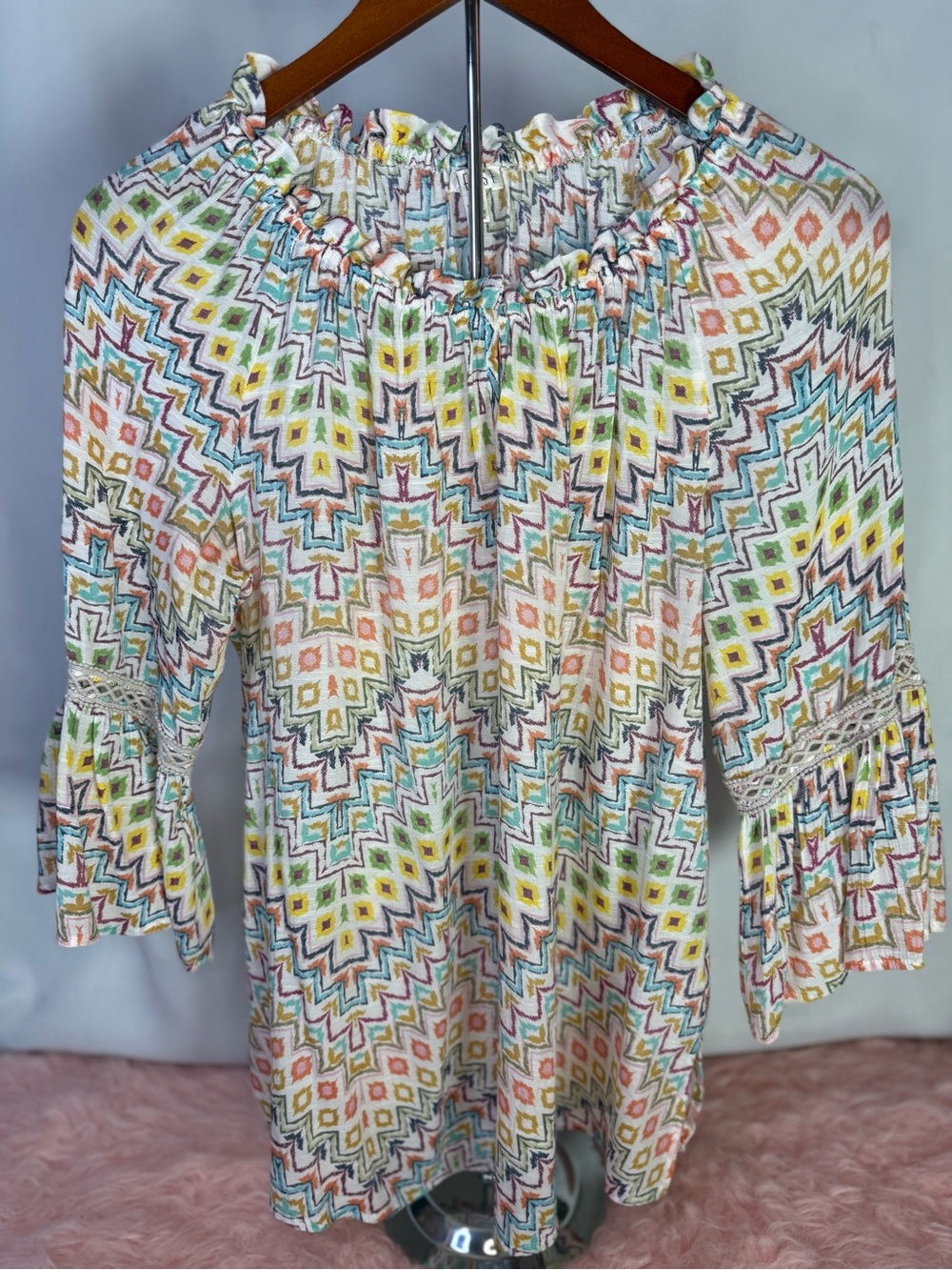 Spence - Lightweight Colorful Patterned Off-Shoulder Bell-Sleeve Top - Size S/P